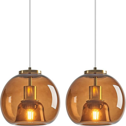 Brown Glass Pendant Lights Kitchen Island Gold Hanging Light Fixture Glass Globe Pendant Light Modern Pendant Lighting for Kitchen Island Bedroom Dining Room (7.87", 2 Pack)