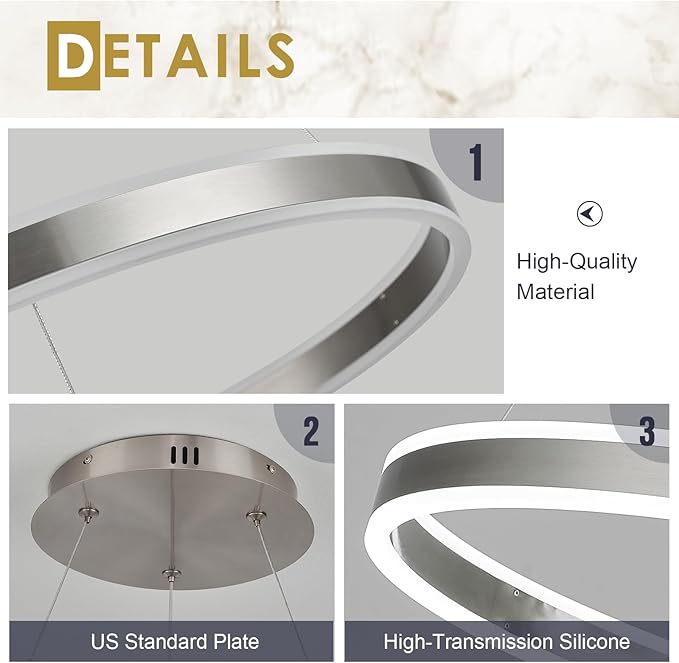 Nickel 23.6" LED Ring Chandeliers Ceiling Light with Remote Control Circular LED Pendant Lighting for Dining Room Living Room Office 40W Upward and Downward Lighting