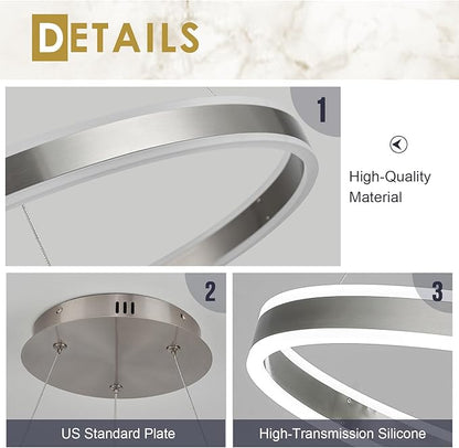 Nickel 23.6" LED Ring Chandeliers Ceiling Light with Remote Control Circular LED Pendant Lighting for Dining Room Living Room Office 40W Upward and Downward Lighting