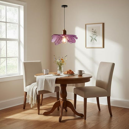 Floral Purple Glass Pendant Light, Mid-Century Modern Wood & Glass Hanging Lamp, Adjustable 59" Cord Flower Ceiling Light Fixture for Bedroom Dining Room Kitchen Island