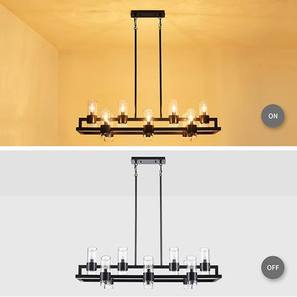 WUZUPS Island Rectangle Chandelier 10-Light with Clear Glass Industrial Modern Farmhouse Linear Light Fixture for Dining Room Kithen Island, Width 42.5" Height 10.4", Black