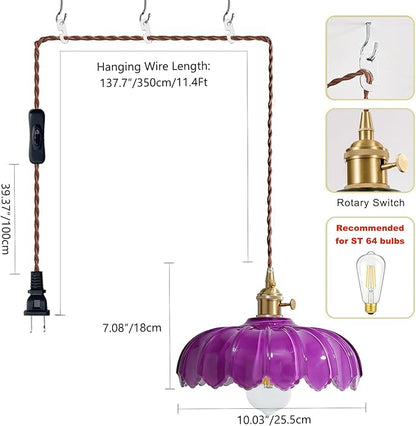 XZHGCEE Plug in Pendant Light: Hanging Light Plug in Royal Purple Glass Hanging Lamp, Pendant Lighting for Kitchen Island, Bedroom, Dining Room, Living Room, No Bulb
