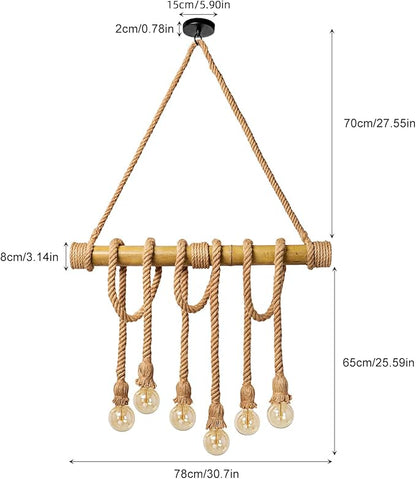 Arturesthome 6 Heads Hemp Rope Pendant Light, Vintage Bamboo Chandeliers Fixture Kitchen Island, Rustic Industrial Hanging Lamp for Bedroom Restaurant Cafe Bar Country Style Decoration