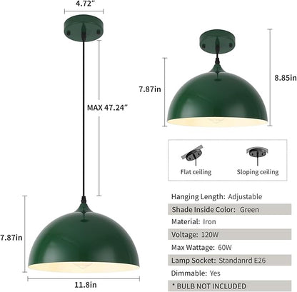 Farmhouse Pendant Light, 11.8inch, 2 Packs- Green Industrial Kitchen Pendant Lights, Pendant Lights Kitchen Island, Pendant Light for Bedroom, Office, Kichen Sink, Library