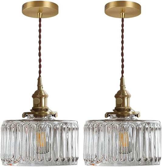 2-Pack Vintage Pendant Light Fixture Gold Pendant Lights Fixtures Clear Kitchen Island Ceiling Hanging Light Round Striped Glass Shade Farmhouse Antique Brass Hanging Pendant Lights