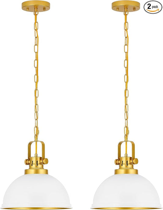 2-Pack White and Gold Pendant Lights Kitchen Island, Modern Matte White Dome Pendant Lighting with Adjustable Chain Light Fixture for Kitchen Dining Room Restaurant Foyer Entrance Sink