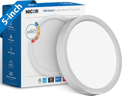 5” Round LED Surface Mount Ceiling Light - Dimmable Ceiling Light for Kitchen - Selectable CCT 2700K-5000K, 615-641 Lumens, 10.4W - DSE Edge-Lit Downlights for Ceiling, White by NICOR Lighting