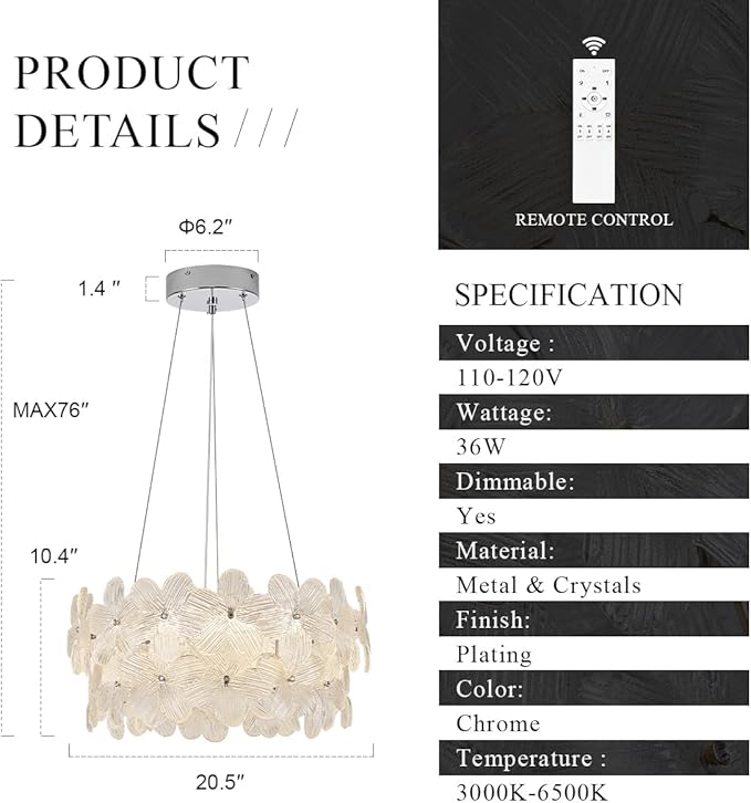 Elegant LED Crystal Chandelier 20'' Chrome Contemporary Flower Flush Mount Dimmable Chandelier Light Fixture with Remote Control for Living Dining Room Entryway Kitchen Bedroom(3000K-6500K)