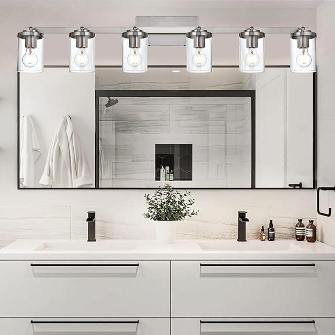 BONLICHT Transitional 6-Light Glass Track Lighting Kit Directional Ceiling Spot Light Brushed Nickel Modern Bathroom Vanity Wall Lights for Kitchen Living Room Office, Flexibly Rotatable Light Head