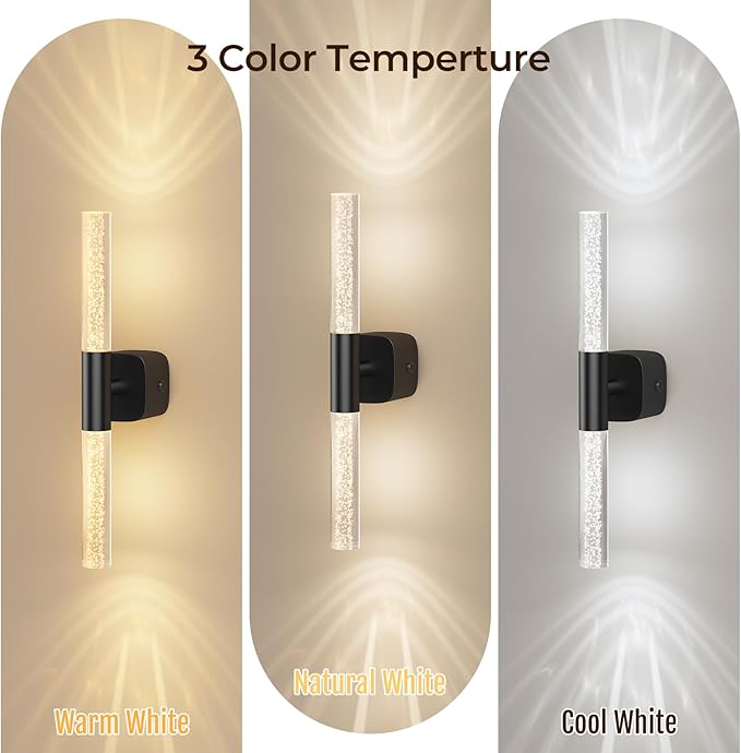 Battery Operated Wall Sconce Set of 2 Black Rechargeable Crystal Sconce Wall Decor Set of 2 with 12000mAh 16" CCT Dimmable 350° Rotate Remote Wireless Wall Light for Bedroom Living Room