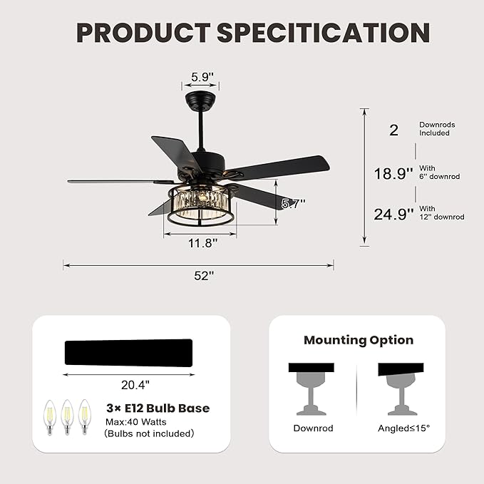 Dawn Whisper 52 Inch Chandelier Ceiling Fans with Lights and Remote Quiet and Reversible DC Motor Black Caged Modern Ceiling Fan for Bedroom Living Room