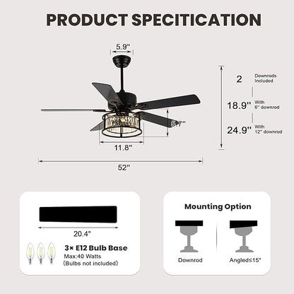 Dawn Whisper 52 Inch Chandelier Ceiling Fans with Lights and Remote Quiet and Reversible DC Motor Black Caged Modern Ceiling Fan for Bedroom Living Room