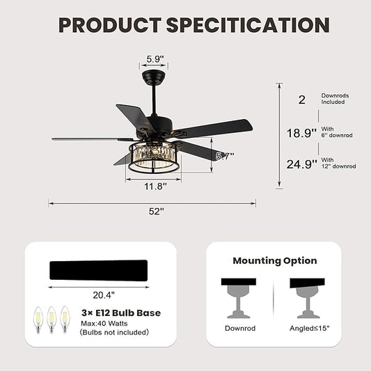 Dawn Whisper 52 Inch Chandelier Ceiling Fans with Lights and Remote Quiet and Reversible DC Motor Black Caged Modern Ceiling Fan for Bedroom Living Room