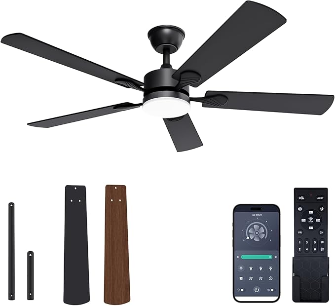 VOLISUN Ceiling Fan with Light, 52 inch Flush Mount Ceiling Fan with Lights and Remote, Dimmable LED Fan Light, Low Profile Ceiling Fan, Black Modern Ceiling Fan for Bedroom, Indoor/Outdoor