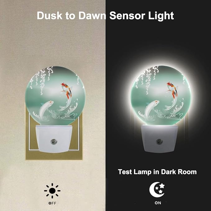 Pond Fish Night Light Two Fishes Jump Over Lake Flowers Branch Sage LED Dusk to Dawn Plug-in Nightlight Auto Sensor for Bedroom Bathroom Hallway Living Room