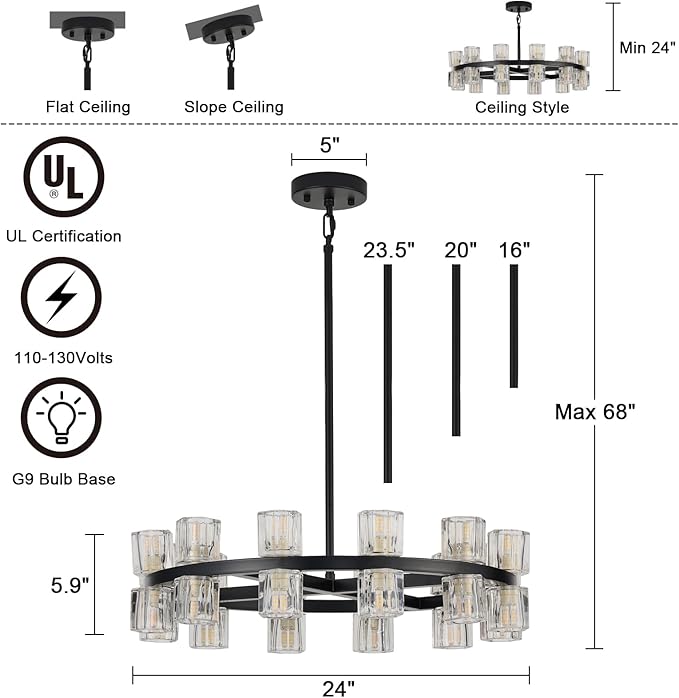 24 Inch Black Crystal Wagon Wheel Chandelier, Modern Farmhouse Round 24-Lights Pendant Lighting Fixture, for High Ceilings Living Room, Bedroom, Foyer