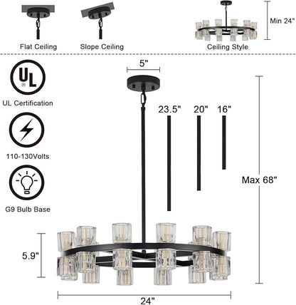 24 Inch Black Crystal Wagon Wheel Chandelier, Modern Farmhouse Round 24-Lights Pendant Lighting Fixture, for High Ceilings Living Room, Bedroom, Foyer