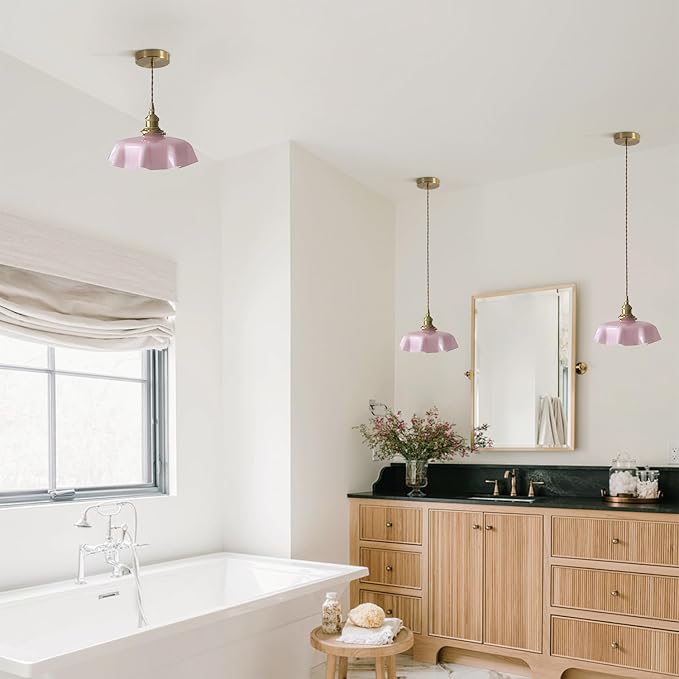 Brass Glass Pendant Lights,Mid Century Pendant Island Light,Vintage Hanging Lights for Dining Room Kitchen Bedroom Outdoor,Color Pink