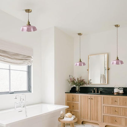 Brass Glass Pendant Lights,Mid Century Pendant Island Light,Vintage Hanging Lights for Dining Room Kitchen Bedroom Outdoor,Color Pink