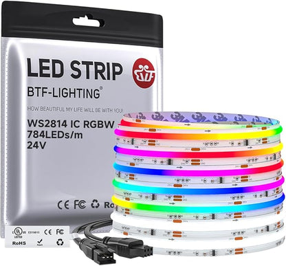 BTF-LIGHTING FCOB COB LED Strip Light, WS2814 Smart IC RGBW 6000K Color Chasing Light, UL Listed DC24V 24FT 784LEDs/m High Density 10mm Width for Home Party DIY Decor(No Adapter or Controller)