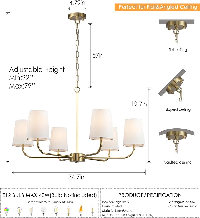 6-Light Brushed Gold Pendant Chandelier with White Linen Shades, E12 Base - Farmhouse & Industrial Style for Kitchen, Living Room, Dining Room, or Bedroom Lighting