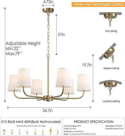 6-Light Brushed Gold Pendant Chandelier with White Linen Shades, E12 Base - Farmhouse & Industrial Style for Kitchen, Living Room, Dining Room, or Bedroom Lighting