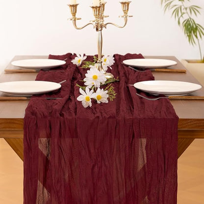 Socomi 6pcs Burgundy Red Summer Cheesecloth Table Runner Boho Rustic Gauze 120 inch 10FT Cheese Cloth Sheer Runner for Wedding Party Baby Shower Birthday Home Decor Holiday Decorations