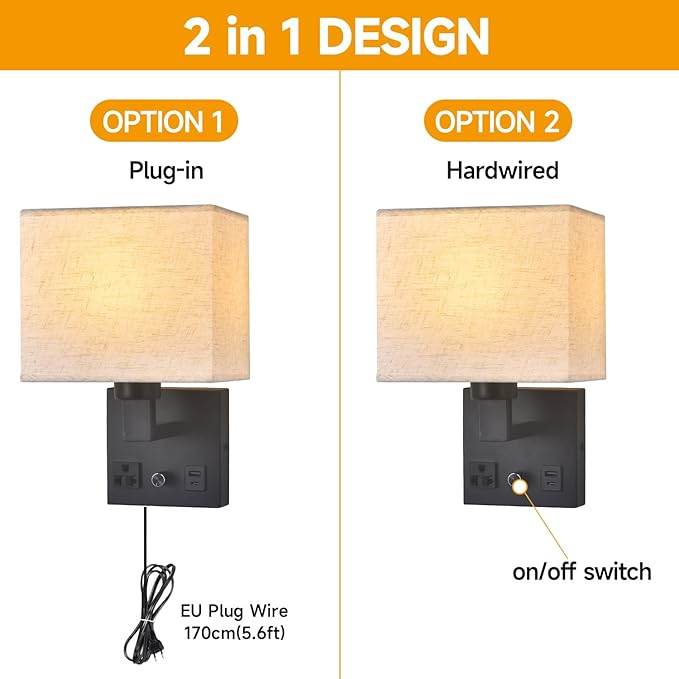 Bedside Wall Lamp for Bedroom, Plug in Wall Sconce - Dimmable Switch with AC Outlet & USB Charging Port, Fabric Shade, Black Wall Mounted Light for Living Room, Hotel
