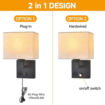 Bedside Wall Lamp for Bedroom, Plug in Wall Sconce - Dimmable Switch with AC Outlet & USB Charging Port, Fabric Shade, Black Wall Mounted Light for Living Room, Hotel