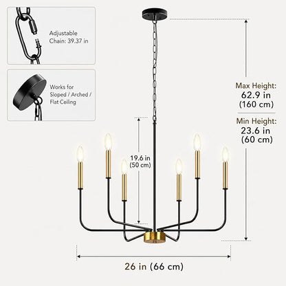 DORESshop 6-Light Black and Gold Farmhouse Chandeliers for Dining Room, Light Fixture Adjustable Height, Industrial Modern Chandeliers for Living Room, Bedroom and Foyer