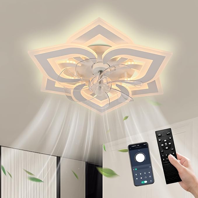 Ceiling Fan with Lights Low Profile Ceiling Fan with Lights Dimmable LED Fandelier 6 Speeds 3 Color White Fan for Bedroom Kids Room Living Room