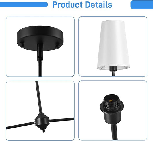 47" Modern Linear Chandelier, 4-Light Black Pendant Light with Fabric Shades, Adjustable Height Ceiling Light Fixture for Kitchen Island, Dining Room, Living Room, Bedroom, ETL Listed