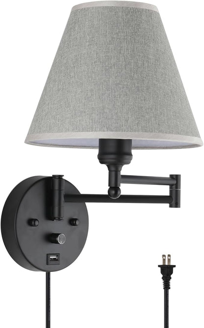 Swing Arm Wall Lamp.Wall Mount lamp with Dimmable Switch.Plug in Wall Sconces with USB Charging Port. Black Sconces Wall Lighting Suitable for Bedroom,Living Room.