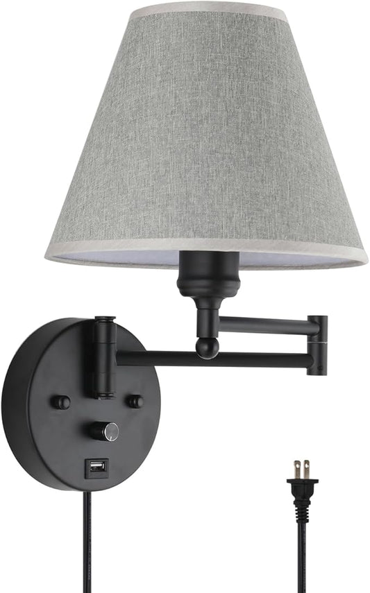 Swing Arm Wall Lamp.Wall Mount lamp with Dimmable Switch.Plug in Wall Sconces with USB Charging Port. Black Sconces Wall Lighting Suitable for Bedroom,Living Room.
