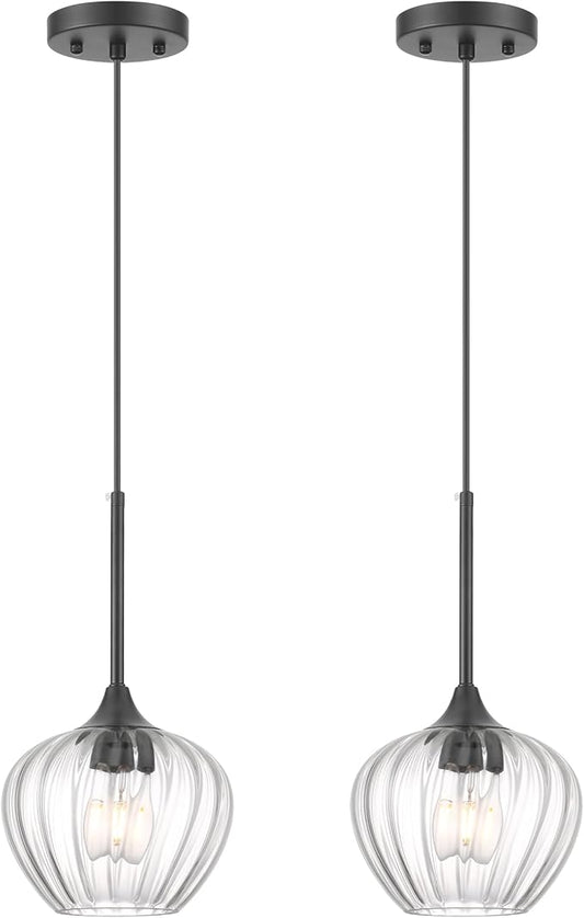 2-Pack Glass Pendant Lights Kitchen Island, 7" Modern Black Glass Pendant Lighting Farmhouse Hanging Light Fixtures for Kitchen, Dining Room, Bathroom, Bedroom