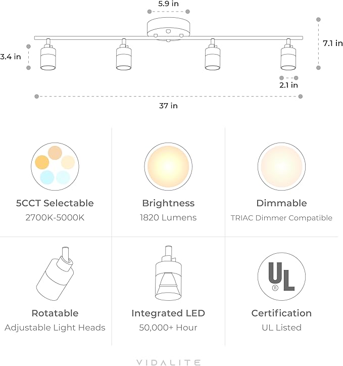 Shura White 4-Light 5CCT Track Light with Rotatable Heads, 5 Color Selectable, Integrated LED Bulbs, 3 ft Track Light Kit, 3000K, 1820 Lumen