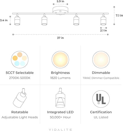 Shura White 4-Light 5CCT Track Light with Rotatable Heads, 5 Color Selectable, Integrated LED Bulbs, 3 ft Track Light Kit, 3000K, 1820 Lumen