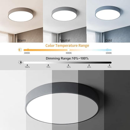 LED Ceiling Light Fixture,12 Inch Modern Round Recessed Ceiling Lights,3000K-6000K Ceiling Lamp Dimmable Light,Grey 18W Close to Ceiling Lighting Flush Mount Living Room Bedroom
