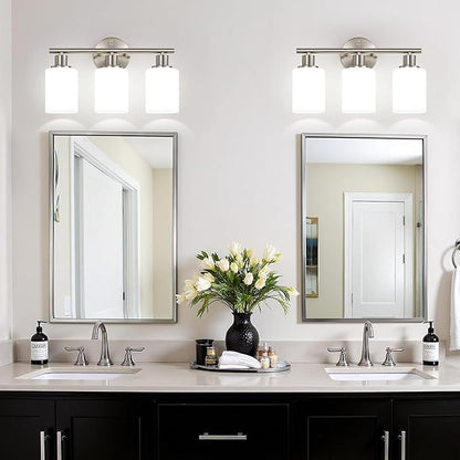 Zarbitta 3-Light Bathroom Light Fixtures, Brushed Nickel Vanity Light, Farmhouse Wall Lights with Milky White Frosted Glass Shades, Bathroom Wall Lamp for Mirror Kitchen Bedroom Hallway Living Room
