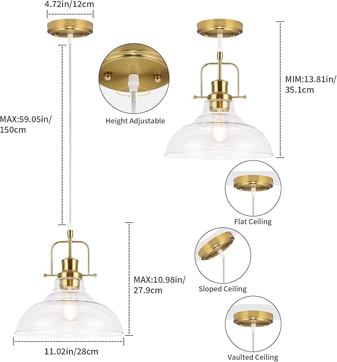 WILON Brass Gold Pendant Light Fixture, Modern Kitchen Pendant Lighting Over Island, Industrial Glass Pendant Light Over The Sink, Vintage Light for Dining Room Over Table Entry Foyer Bar