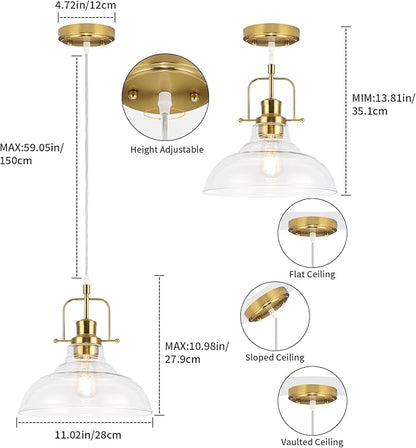 WILON Brass Gold Pendant Light Fixture, Modern Kitchen Pendant Lighting Over Island, Industrial Glass Pendant Light Over The Sink, Vintage Light for Dining Room Over Table Entry Foyer Bar