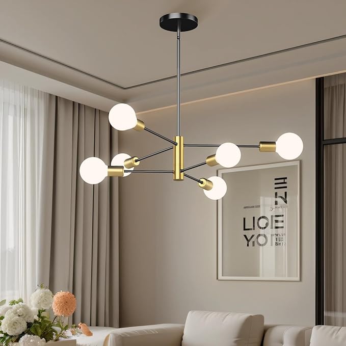 6-Light Black and Gold Mid Century Ceiling Chandelier Height Adjustable for Living Room, Kitchen, Dining Room, Bedroom,Foyer (Bulbs Not Included)