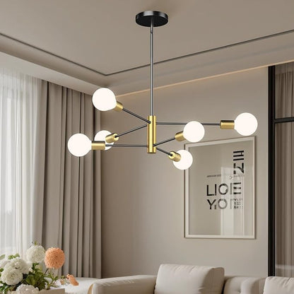6-Light Black and Gold Mid Century Ceiling Chandelier Height Adjustable for Living Room, Kitchen, Dining Room, Bedroom,Foyer (Bulbs Not Included)