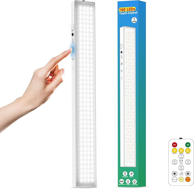 12inch 1Pack Touch Control Under Cabinet Lighting, 160LED Super Bright, 4000mAh Long-Lasting, Magnetic Rechargeable Motion Sensor Under Counter Lights for Kitchen, Closet, Remote, Dimmable, 3CCT丨White