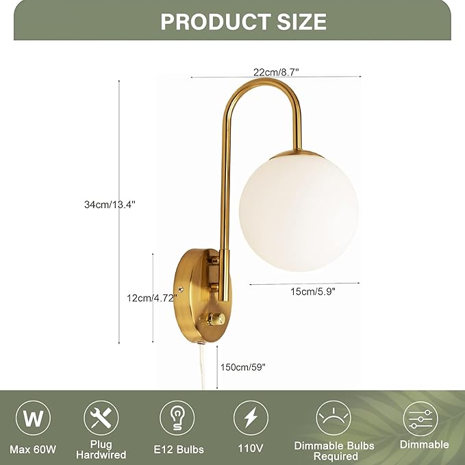 Dimmable E12 Wall Sconces Set of 2,Plug in Wall Sconces with 6.56ft Power Cord,Globe Electric Plug in Wall Sconce,Wall Lights with Milky White Glass Globe Shade(2 Bulbs Included)