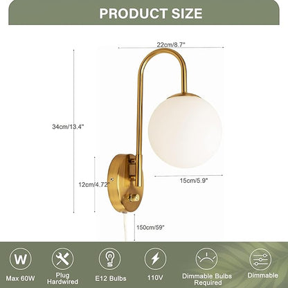 Dimmable E12 Wall Sconces Set of 2,Plug in Wall Sconces with 6.56ft Power Cord,Globe Electric Plug in Wall Sconce,Wall Lights with Milky White Glass Globe Shade(2 Bulbs Included)