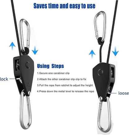 Grow Light Rope Hanger 2Pairs， Adjustable Rope Ratchet Hangers 150 Lbs per Pair with Stainless Steel 2.5" S Hook