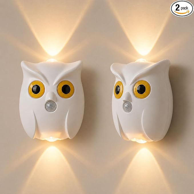 2-Pack White Owl Wall Lamp, Cute LED Night Light for Bedroom Decor, Warm Ambient Lighting for Kids Room, Nursery & Hallway, Creative Animal Wall Light, Gift for Home Decoration