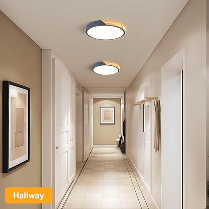 Modern LED Ceiling Light, Minimalist Wood Flush Mount Ceiling Light Fixture, 4000K Not Dimmable, Circle Lighting Lamp with Acrylic Lampshade for Bedroom Dining Room Laundry (Grey, 11.8'')