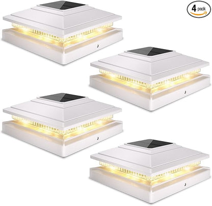 Post Cap Lights Outdoor 4pack, Waterproof Fence Post Solar Lights for 4x4 5x5 6x6 Wood/Vinyl Posts, White Solar Deck Post Lights with 2 Color Modes Decorate Garden Patio Porch Backyard